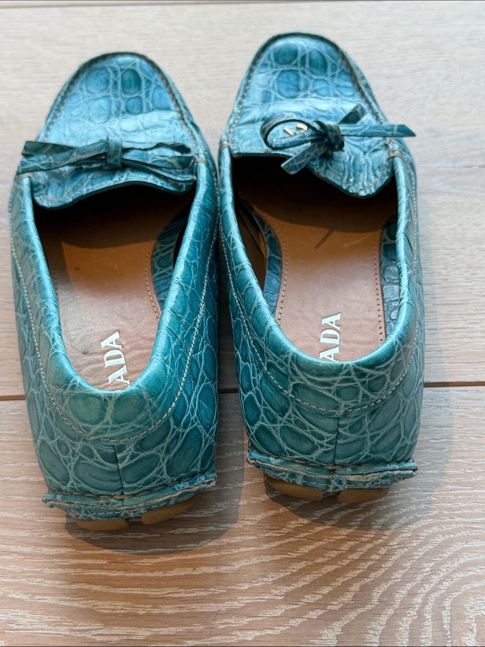 Hardly worn.. very comfortable, Prada Teal Croc-Embossed Leather Loafers size 8 - Picture 4 of 6